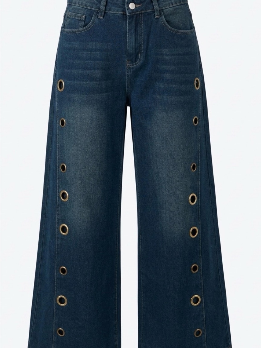 Extra Wide Leg Dark Blue Denim Jeans with Large Grommet Detail